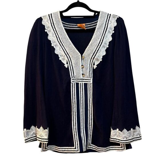 Tory Burch Tops - Tory Burch Top Womens Medium Navy Blue Embroidered Tunic Boho Peasant Blouse